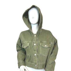 Forever 21 Women’s Jacket S Green Denim Hooded Cropped Oversized Snaps Drawcord